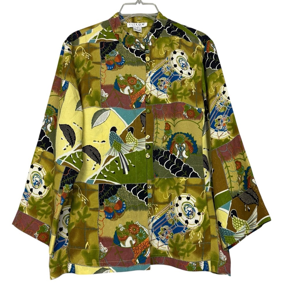Citron Silk Floral Bird Printed Button Tunic Blouse